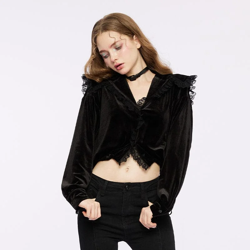 Women's Gothic Plunging Lace Splice Velvet Shirt