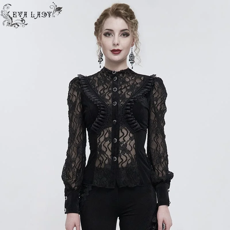 Women's Gothic Puff Sleeved Ruffled Lace Shirt