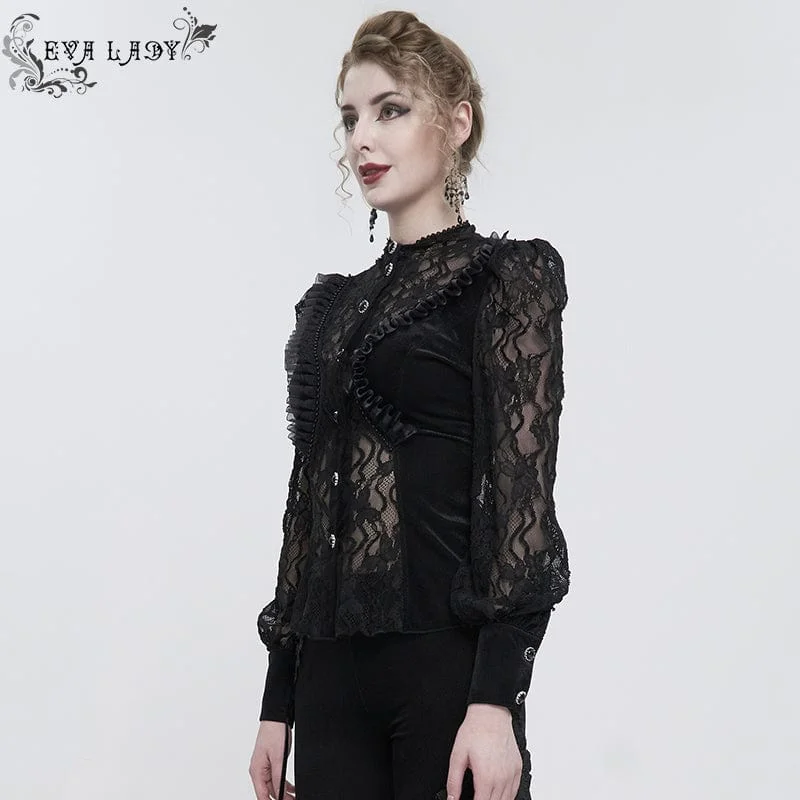 Women's Gothic Puff Sleeved Ruffled Lace Shirt