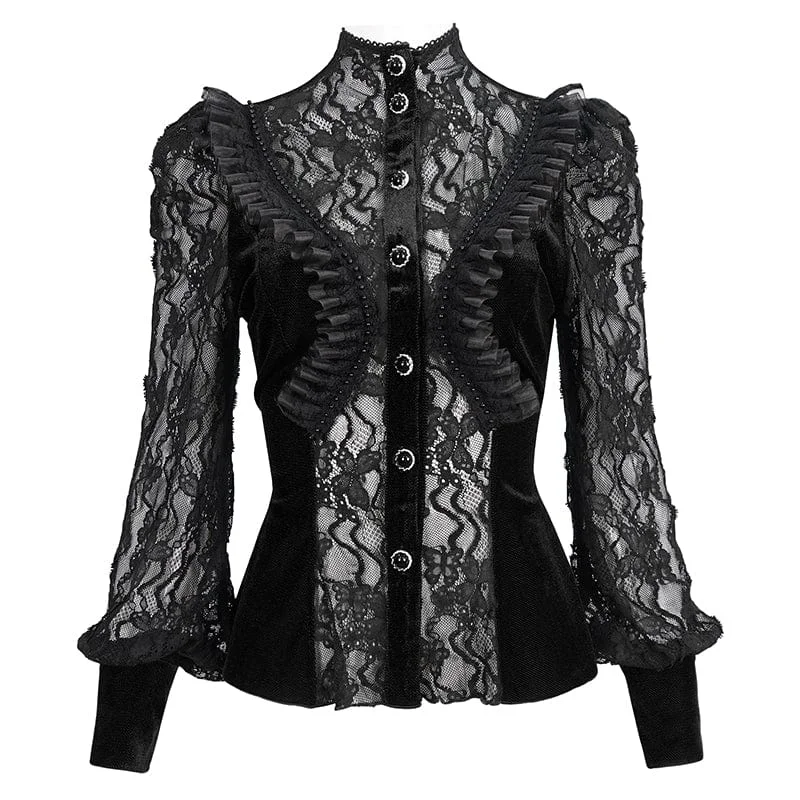 Women's Gothic Puff Sleeved Ruffled Lace Shirt