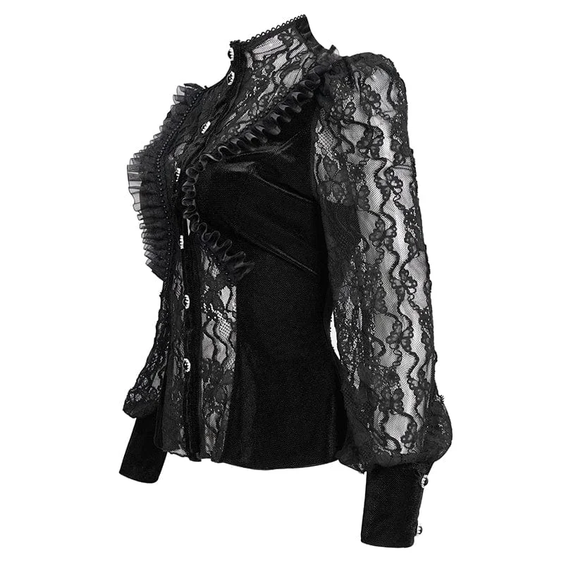 Women's Gothic Puff Sleeved Ruffled Lace Shirt