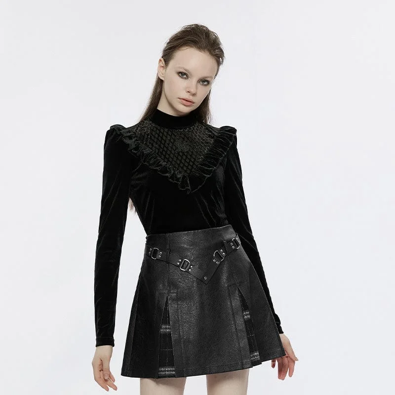 Women's Gothic Stand Collar Ruffled Velvet Shirt