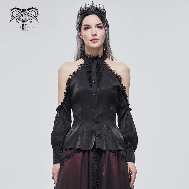 Women's Gothic Strappy Off Shoulder Lace Hem Black Shirt