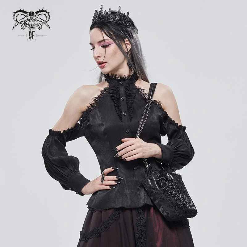 Women's Gothic Strappy Off Shoulder Lace Hem Black Shirt