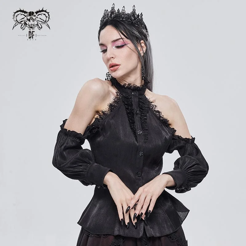 Women's Gothic Strappy Off Shoulder Lace Hem Black Shirt