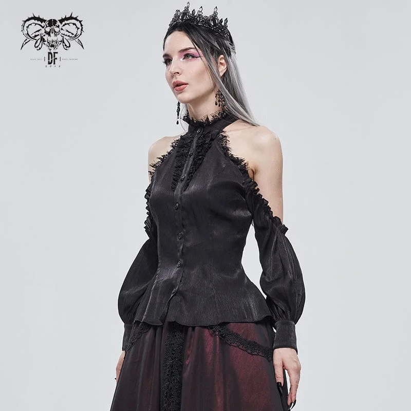 Women's Gothic Strappy Off Shoulder Lace Hem Black Shirt