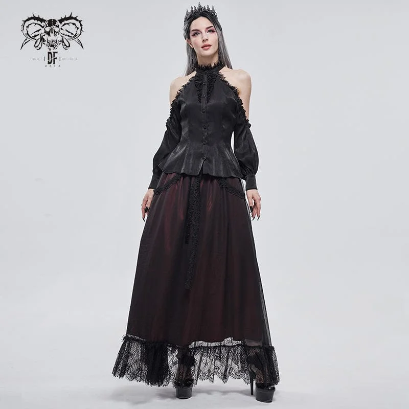 Women's Gothic Strappy Off Shoulder Lace Hem Black Shirt