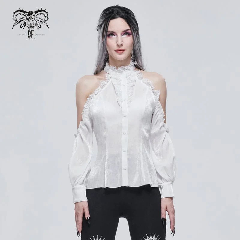 Women's Gothic Strappy Off Shoulder Lace Hem White Shirt