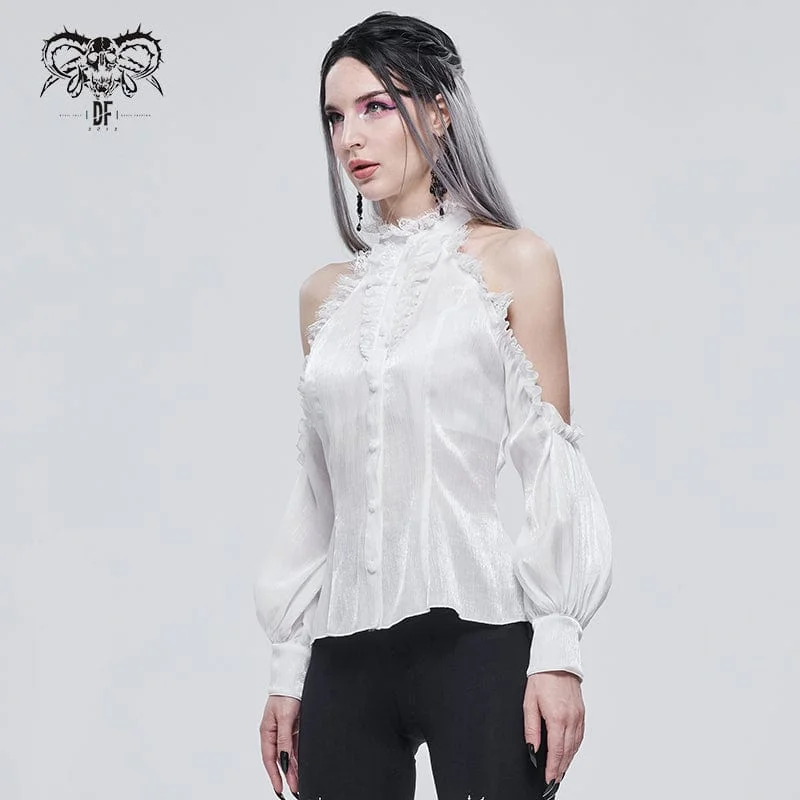 Women's Gothic Strappy Off Shoulder Lace Hem White Shirt