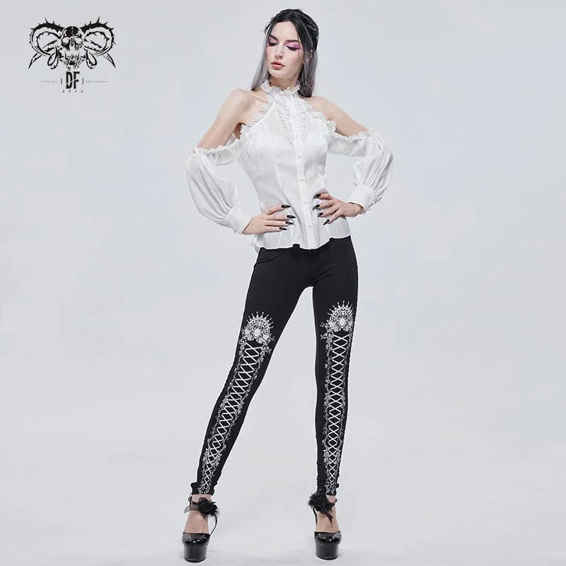 Women's Gothic Strappy Off Shoulder Lace Hem White Shirt