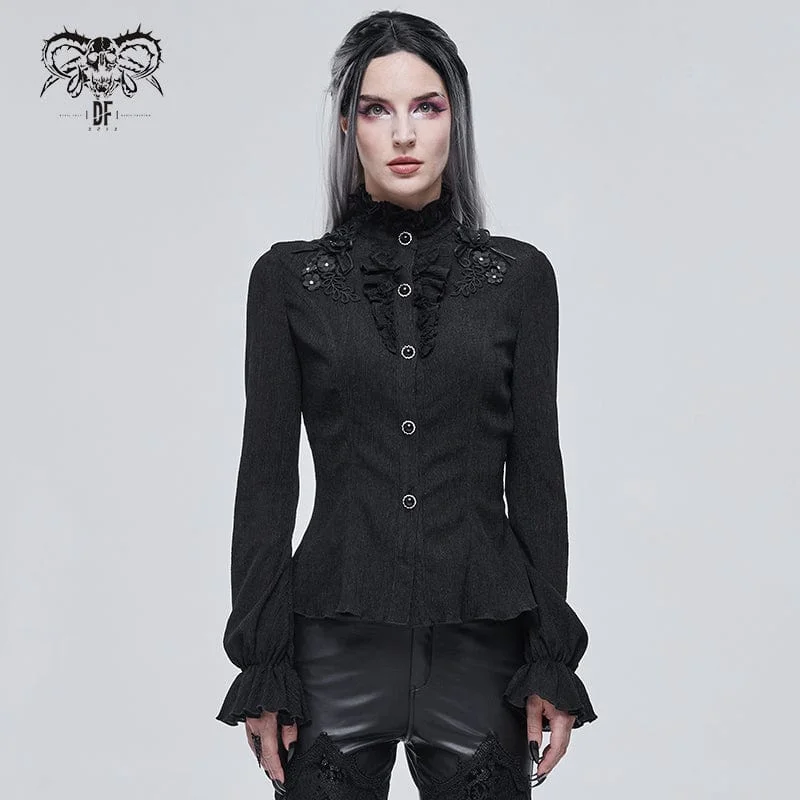 Women's Gothic Strappy Puff Sleeved Ruched Black Shirt