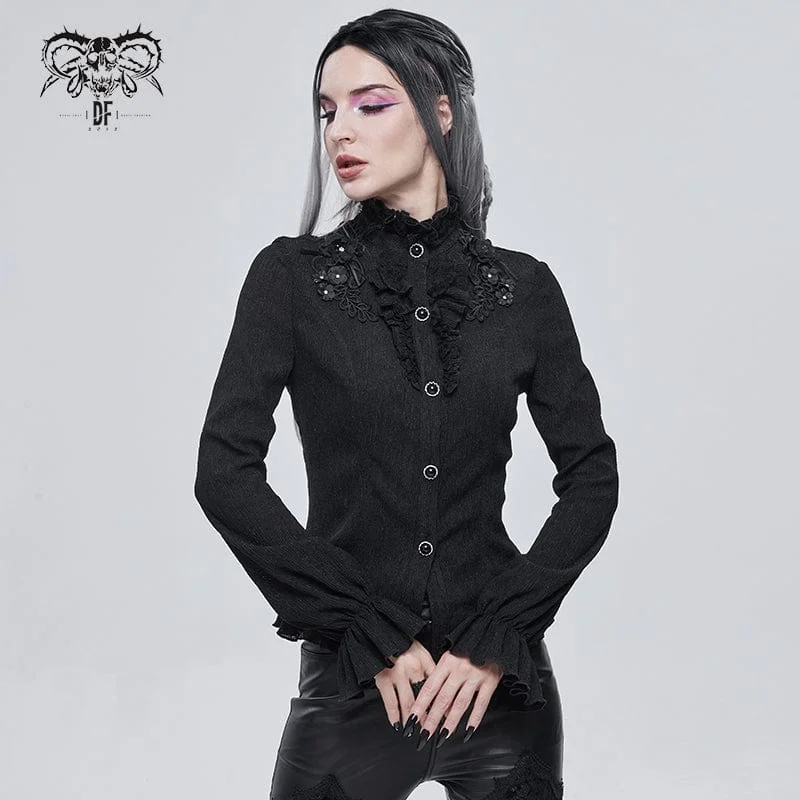 Women's Gothic Strappy Puff Sleeved Ruched Black Shirt