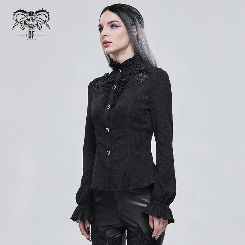 Women's Gothic Strappy Puff Sleeved Ruched Black Shirt