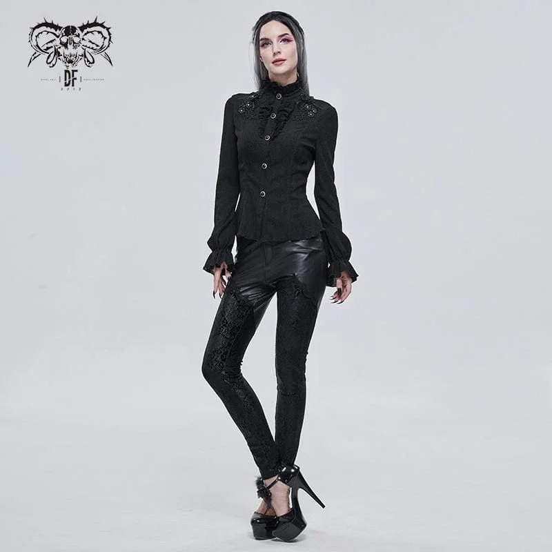 Women's Gothic Strappy Puff Sleeved Ruched Black Shirt