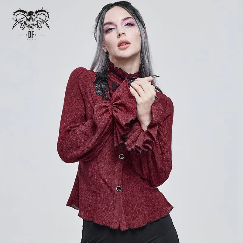 Women's Gothic Strappy Puff Sleeved Ruched Red Shirt