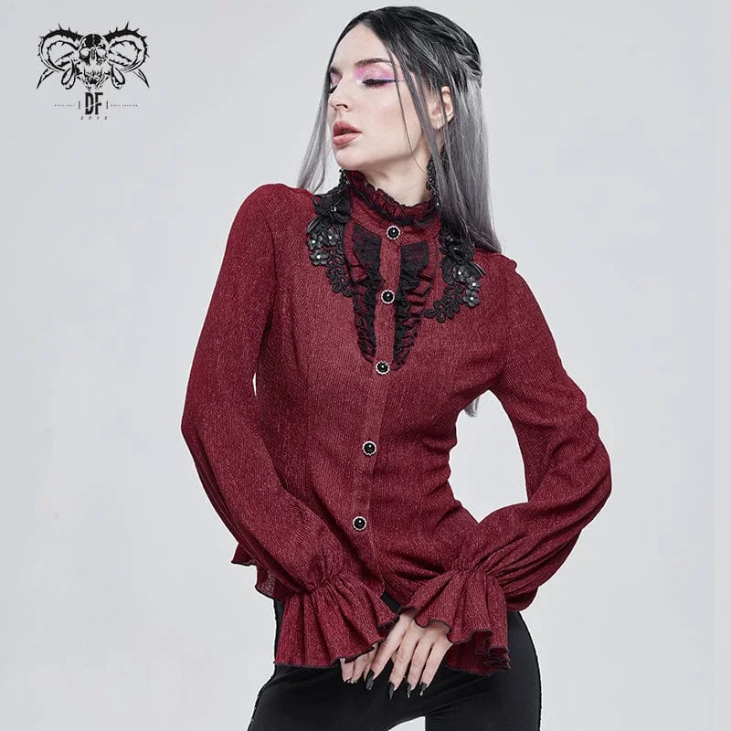 Women's Gothic Strappy Puff Sleeved Ruched Red Shirt