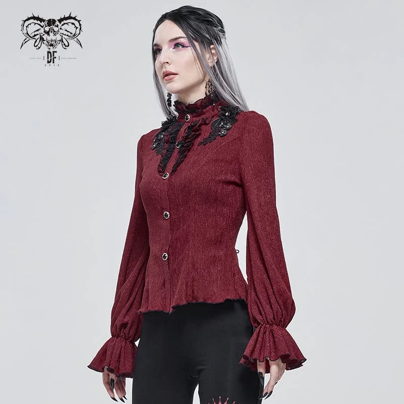 Women's Gothic Strappy Puff Sleeved Ruched Red Shirt