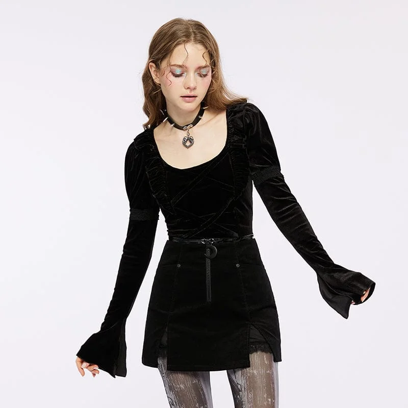 Women's Gothic Strappy Puff Sleeved Velvet Shirt