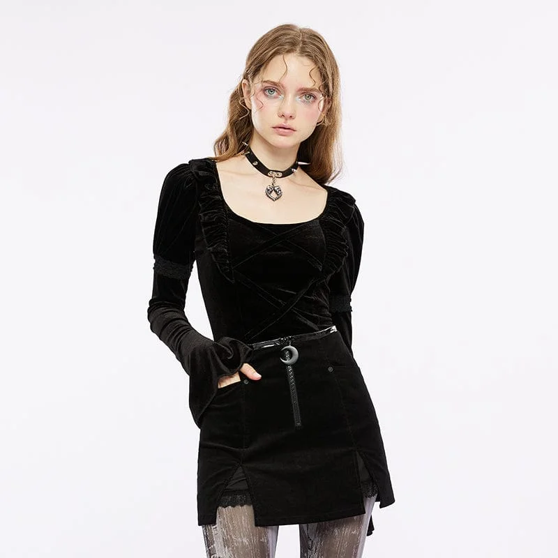 Women's Gothic Strappy Puff Sleeved Velvet Shirt