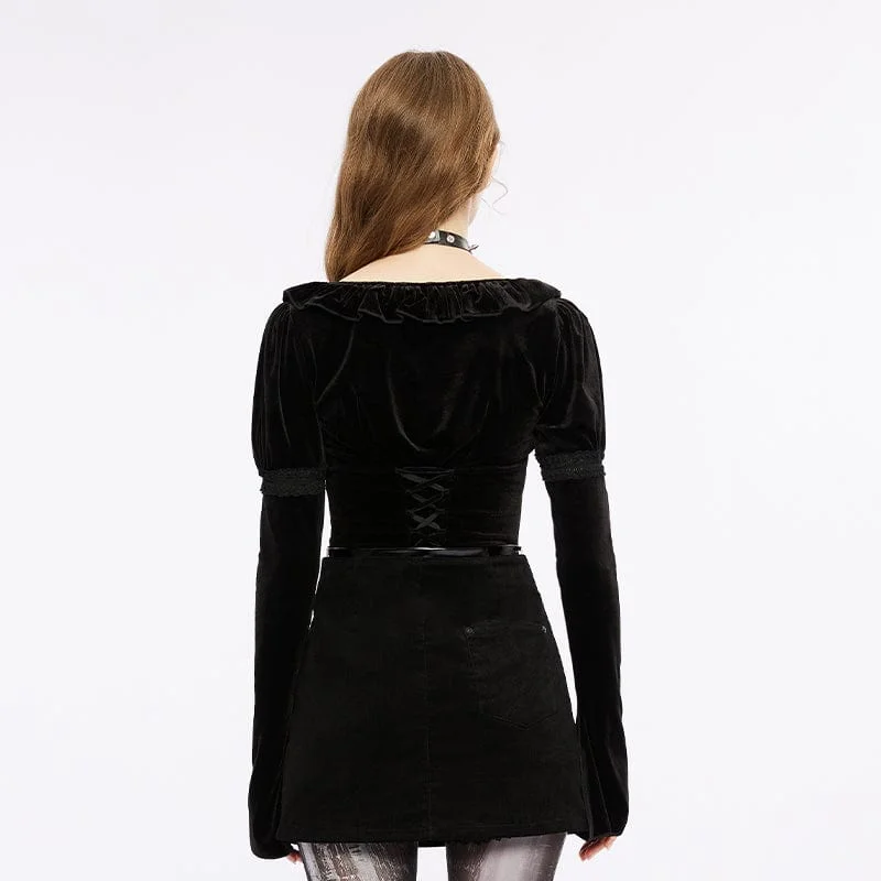 Women's Gothic Strappy Puff Sleeved Velvet Shirt