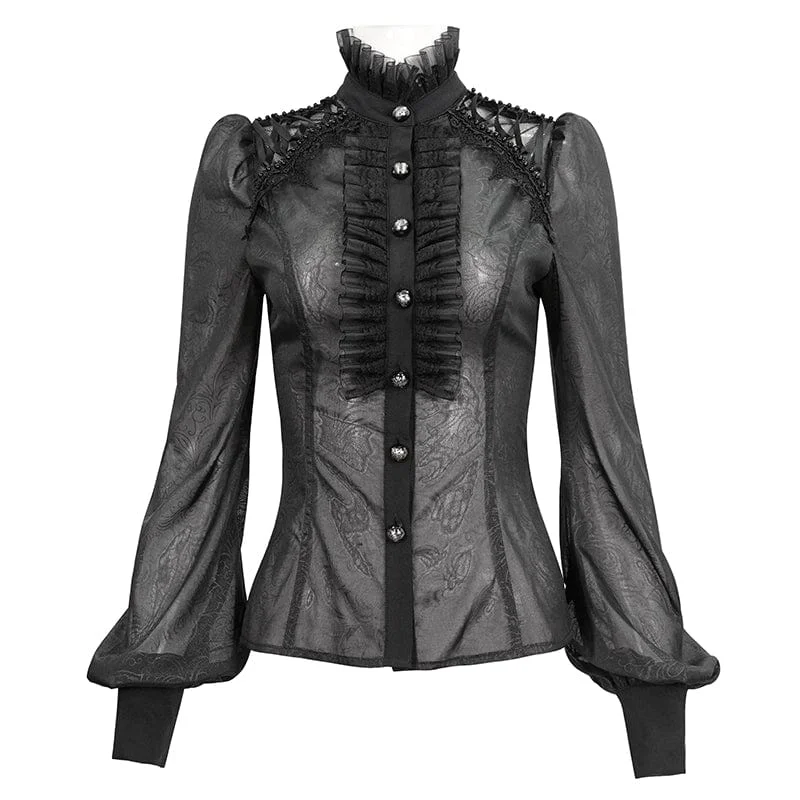 Women's Gothic Strappy Stand Collar Ruffled Shirt