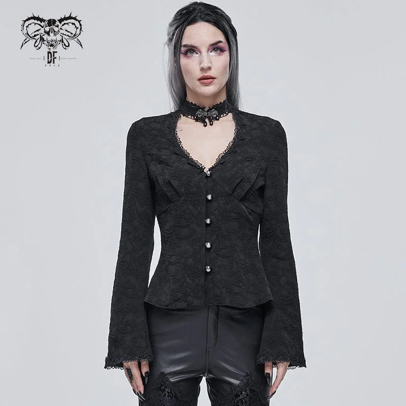 Women's Gothic Strappy Toned Horn Sleeved Floral Embroidered Shirt