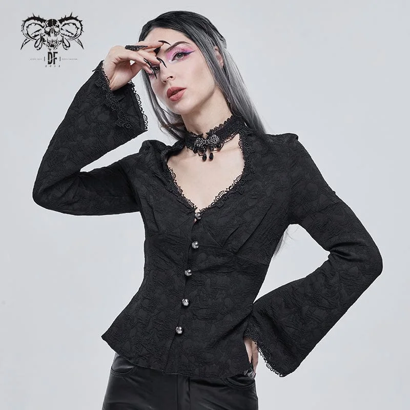 Women's Gothic Strappy Toned Horn Sleeved Floral Embroidered Shirt