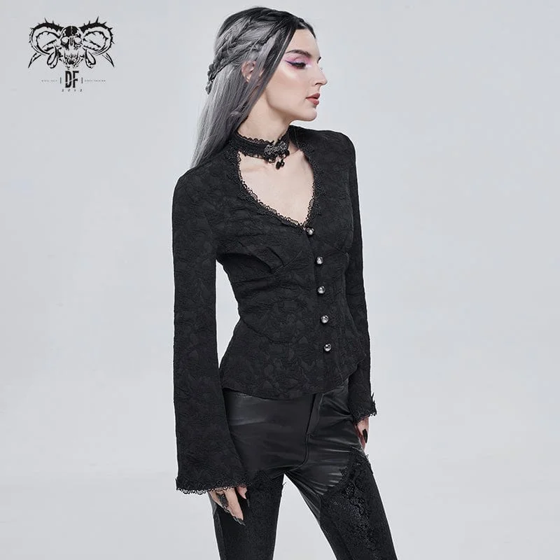 Women's Gothic Strappy Toned Horn Sleeved Floral Embroidered Shirt