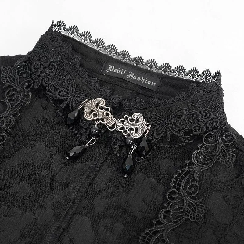 Women's Gothic Strappy Toned Horn Sleeved Floral Embroidered Shirt