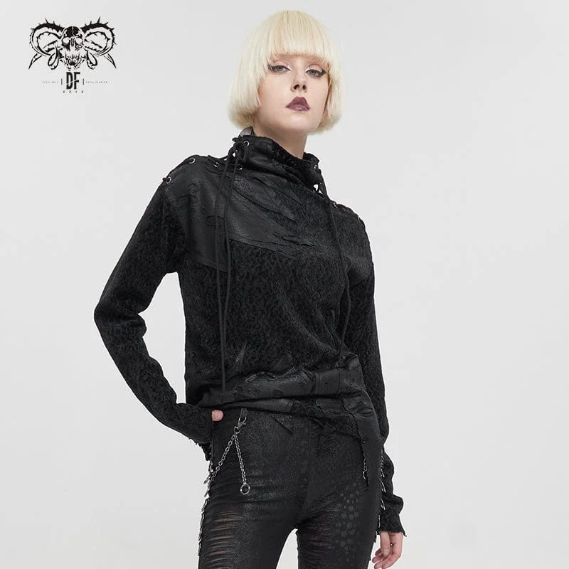 Women's Gothic Strappy Turtleneck Ripped Shirt