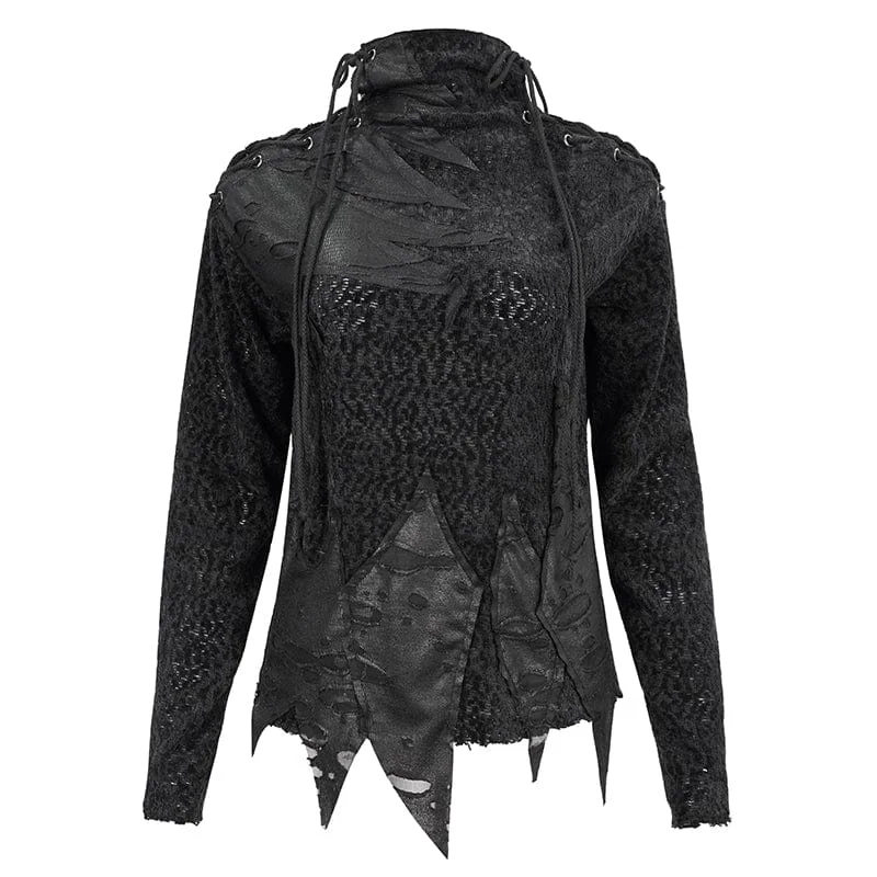 Women's Gothic Strappy Turtleneck Ripped Shirt