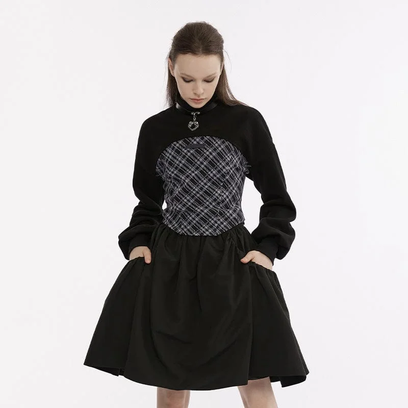 Women's Grunge Stand Collar Plaid Splice Shirt