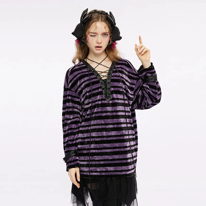 Women's Grunge Strappy Plunging Stripes Shirt