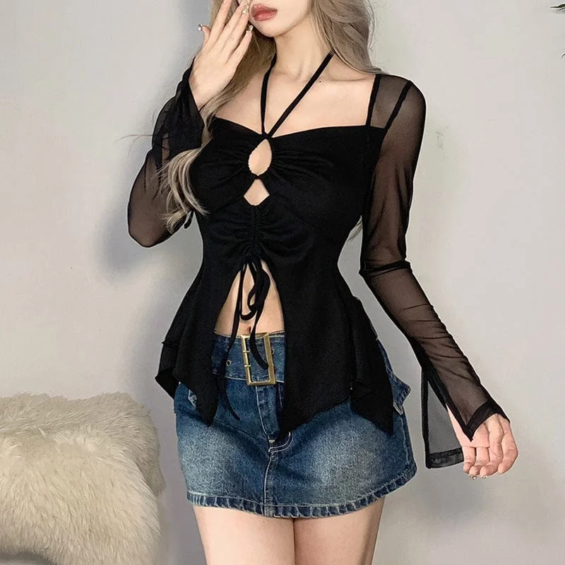 Women's Punk Cutout Drawstring Split Shirt