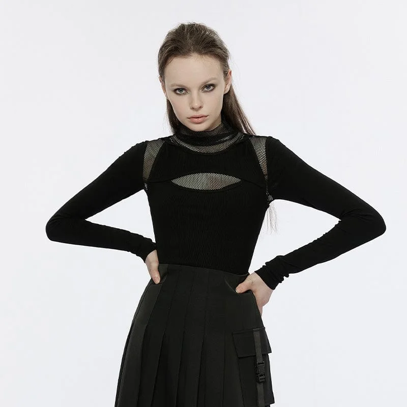 Women's Punk High Collar Mesh Splice Shirt