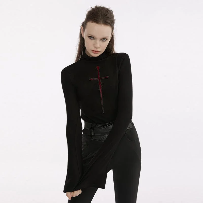 Women's Punk High-necked Cross Embroidered Shirt