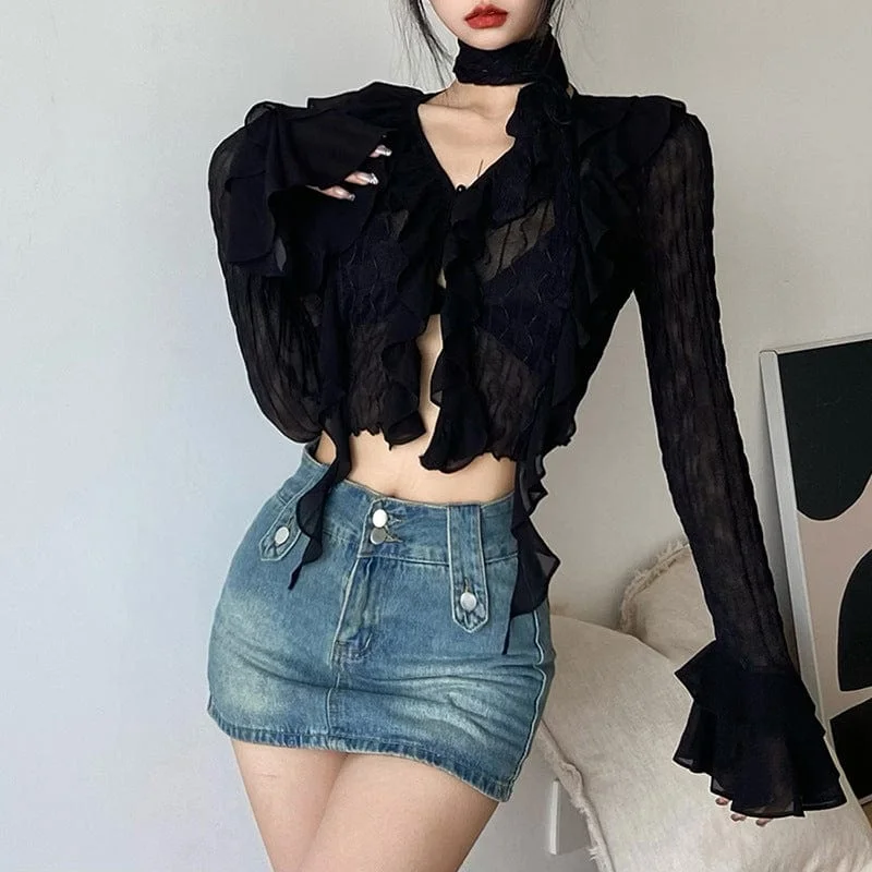 Women's Punk Plunging Ruffled Sheer Shirt