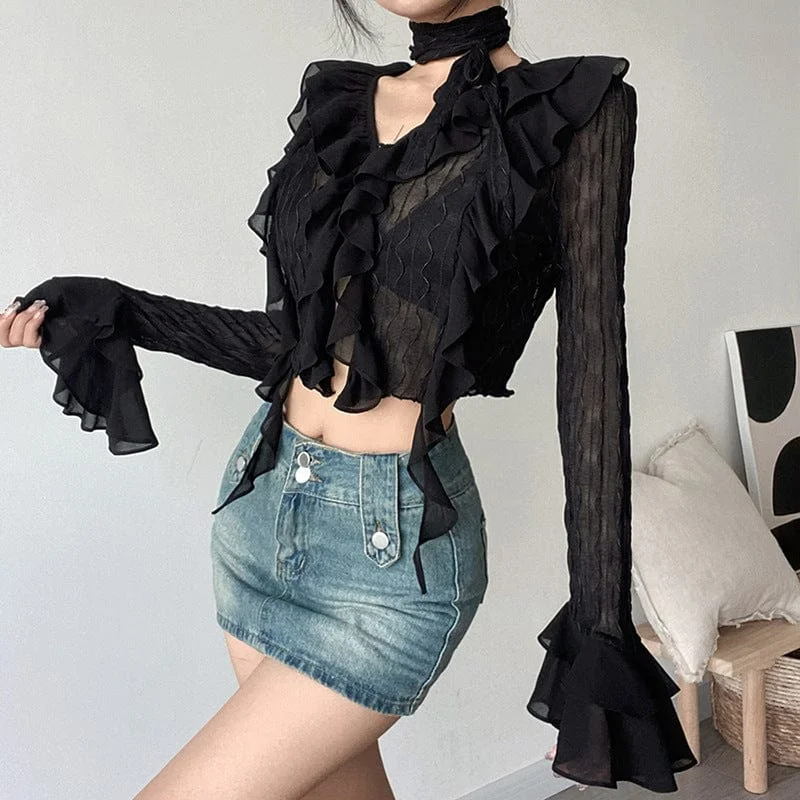 Women's Punk Plunging Ruffled Sheer Shirt