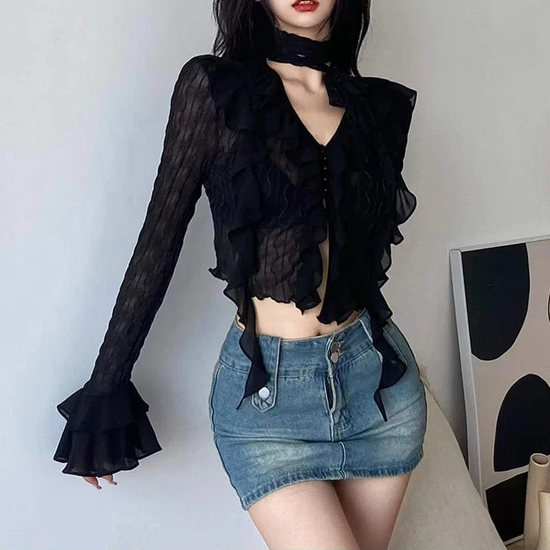 Women's Punk Plunging Ruffled Sheer Shirt