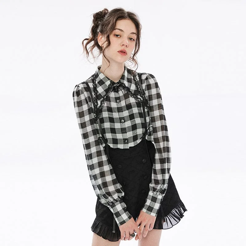 Women's Punk Puff Sleeved Sheer Plaid Chiffon Shirt