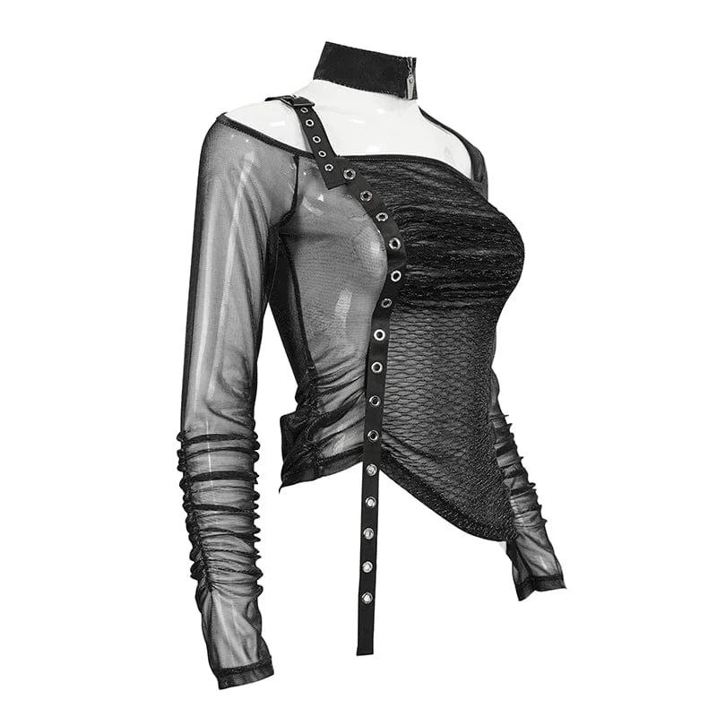 Women's Punk Stand Collar Slash Shoulder Sheer Shirt