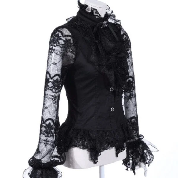 Women's Steampunk Puff Sleeved Lace Splice Shirt with Neckwear