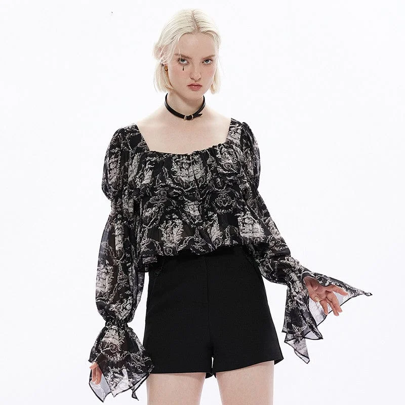 Women's Vintage Baroque Printed Square Collar Puff Sleeved Chiffon Top