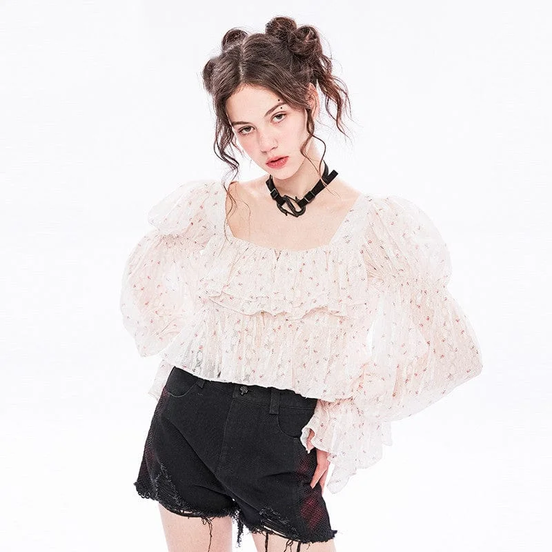 Women's Vintage Puff Sleeved Square Collar Multilayer Chiffon Top