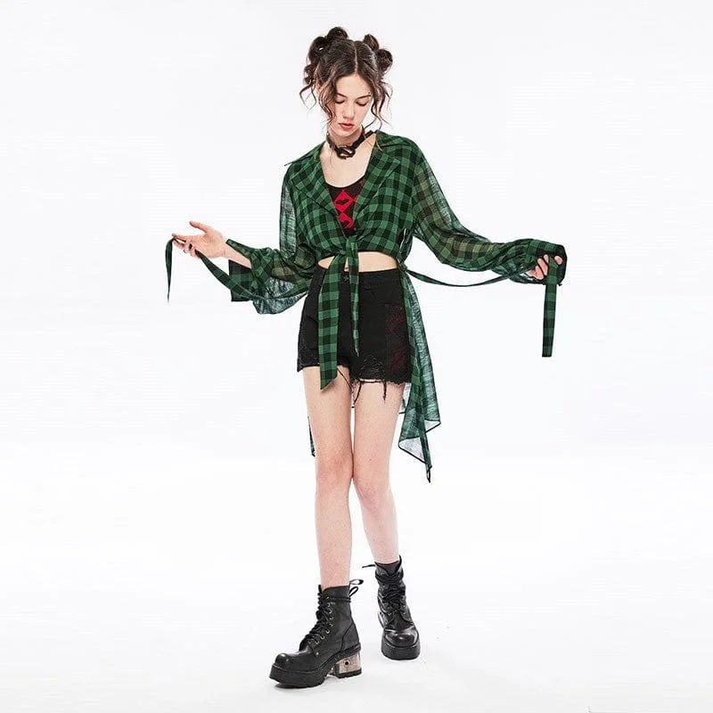 Women's Vintage Sheer Green Plaid Long Shirt