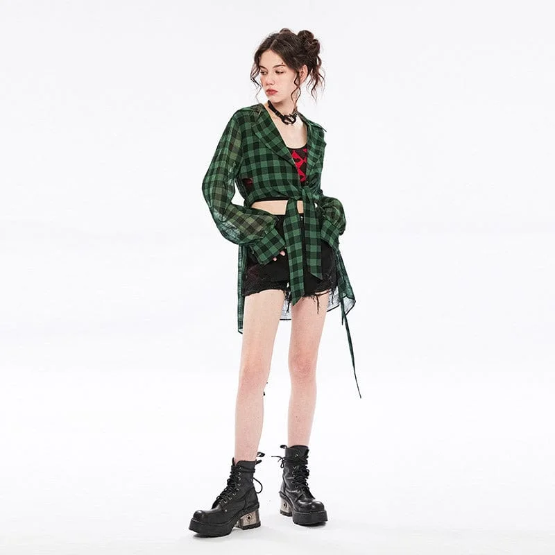 Women's Vintage Sheer Green Plaid Long Shirt