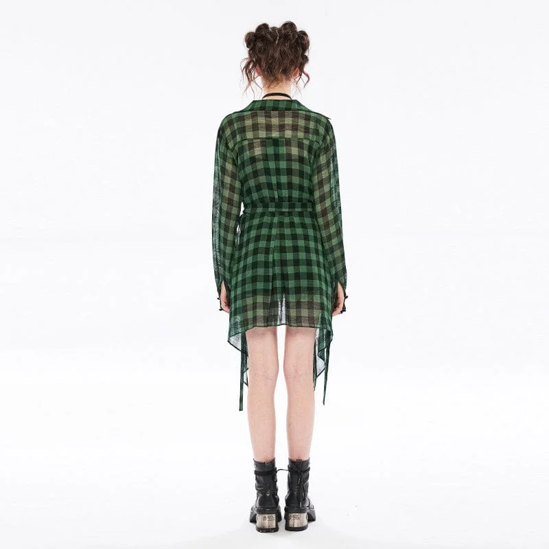 Women's Vintage Sheer Green Plaid Long Shirt