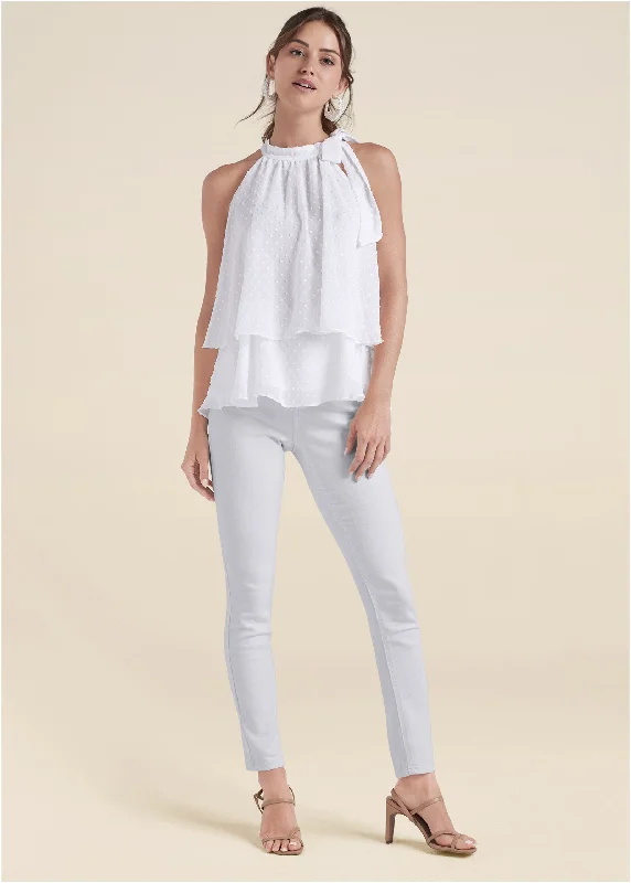 Swiss dot mock-neck top - White