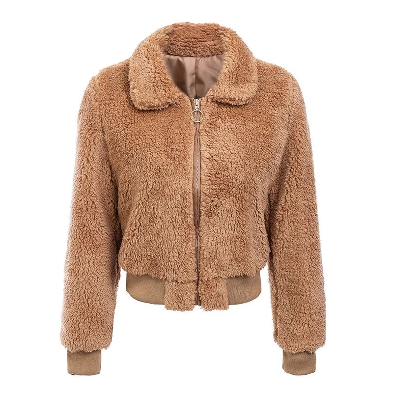 Conmoto Pink Cute Faux Fur Lamb Fuzzy Jacket Coat Women Autumn Winter Cozy Khaki Coat 2018 Fashion Streetwear Zipper Coat