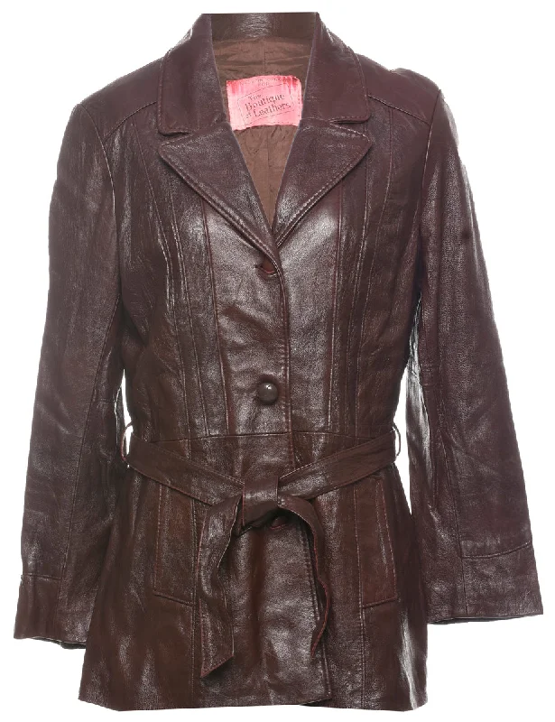 Dark Brown Belt Fasten Leather Jacket - M